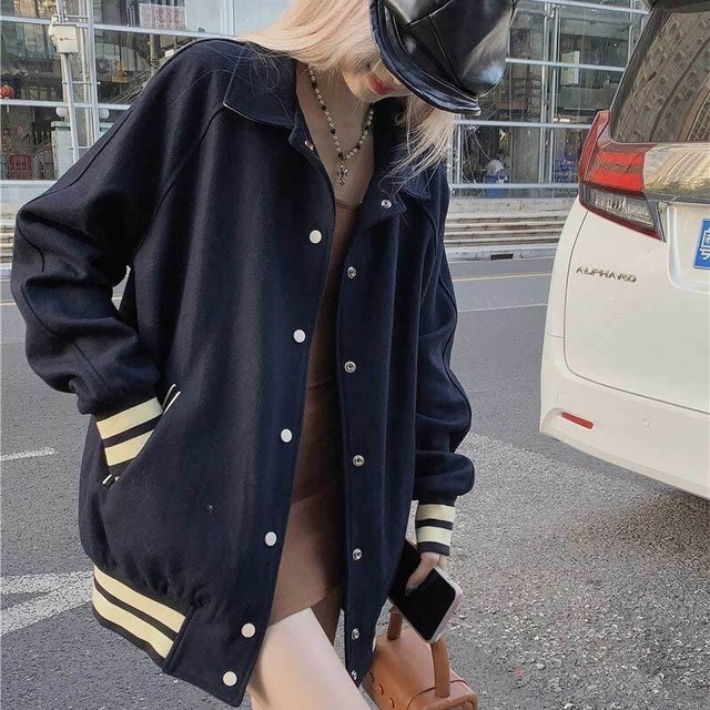 【韓国通販 dgo】スタンドネック バーシティジャケット ネイビーブルー(W3343）気分はジャケット！