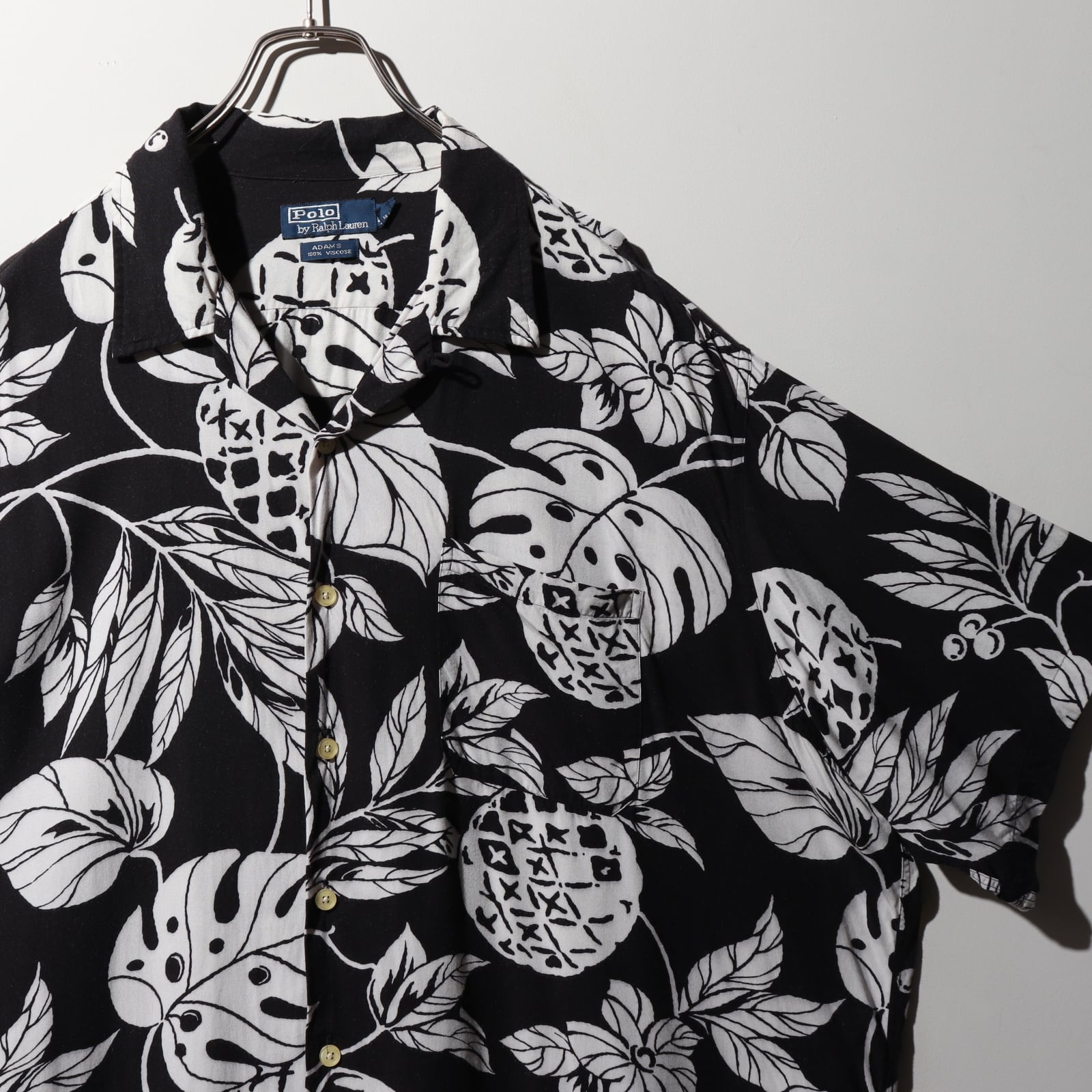 美品 2XL 黒 レーヨン Adams 総柄 ポロラルフローレン 半袖開襟シャツ 