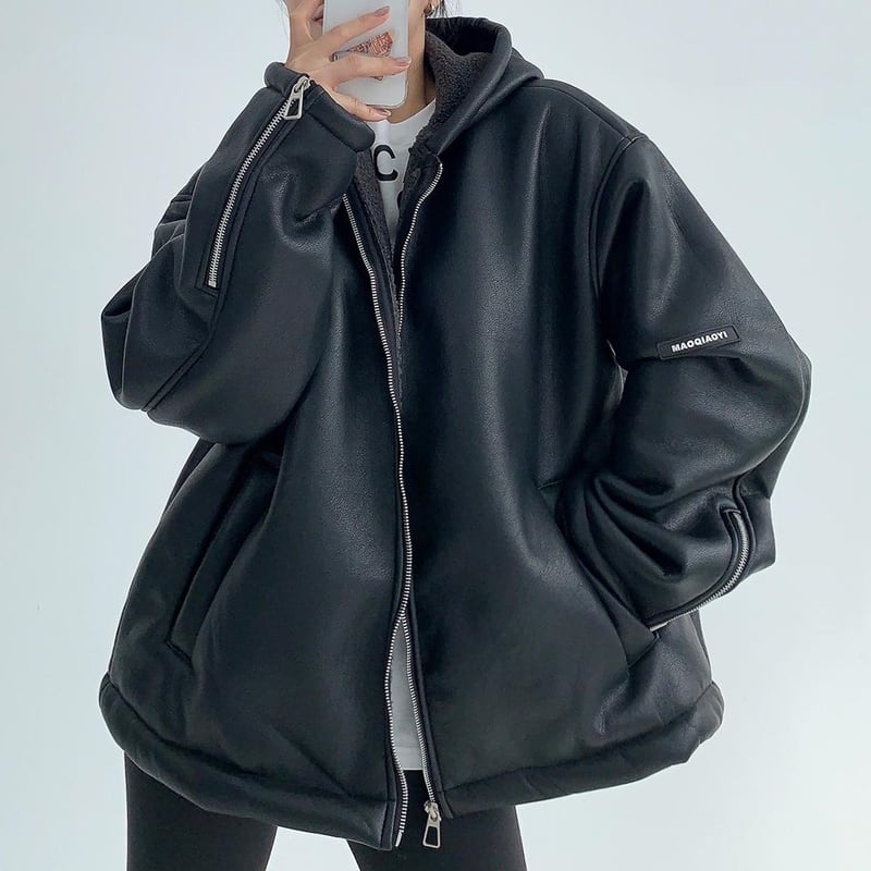 Fake leather hooded jacket V2636