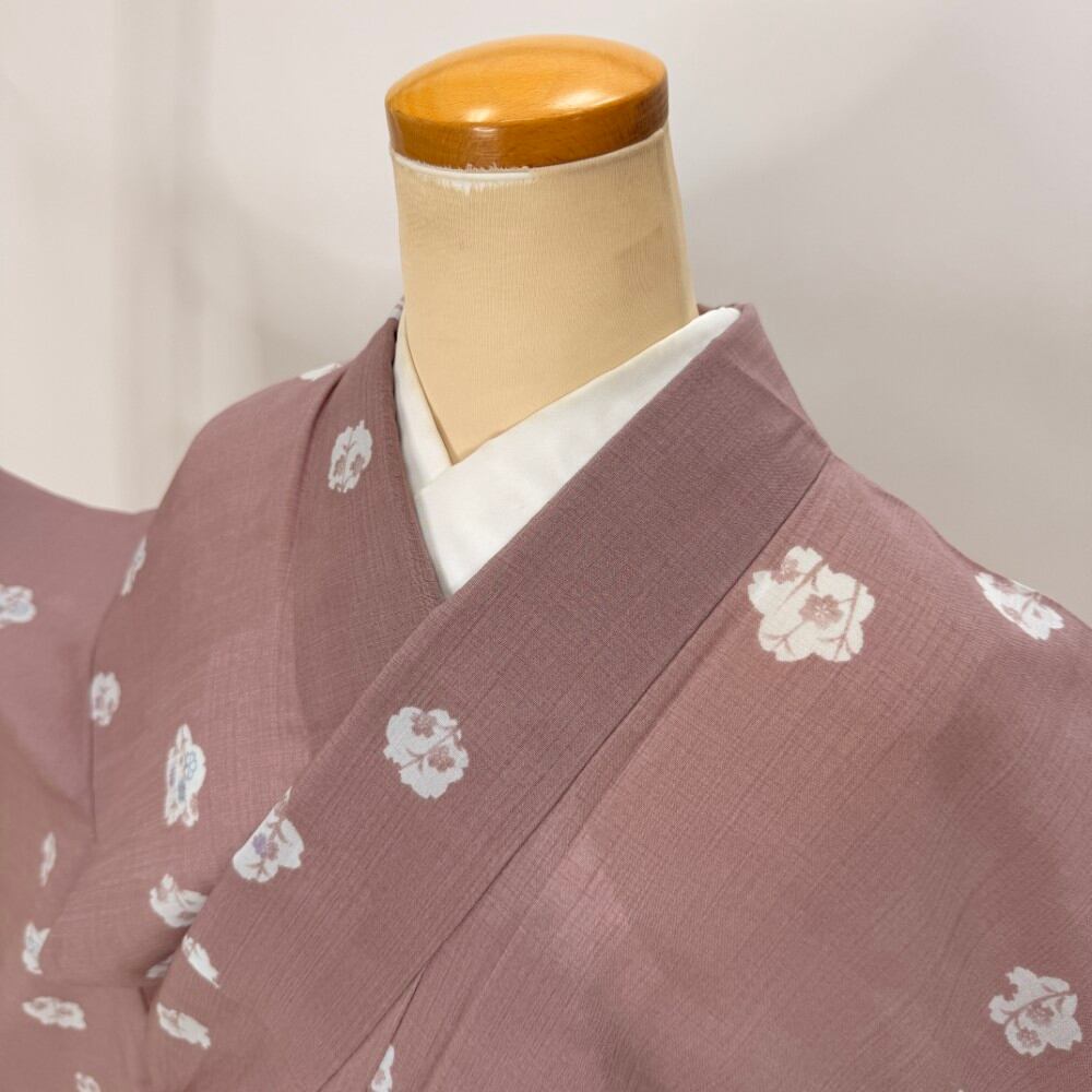 小紋 夏 紗 夏用 洗える着物 裄67cm 身丈166.5cm 花柄 お洒落着 普段着 ポリエステル ベージュ 美品 L サイズ 5975