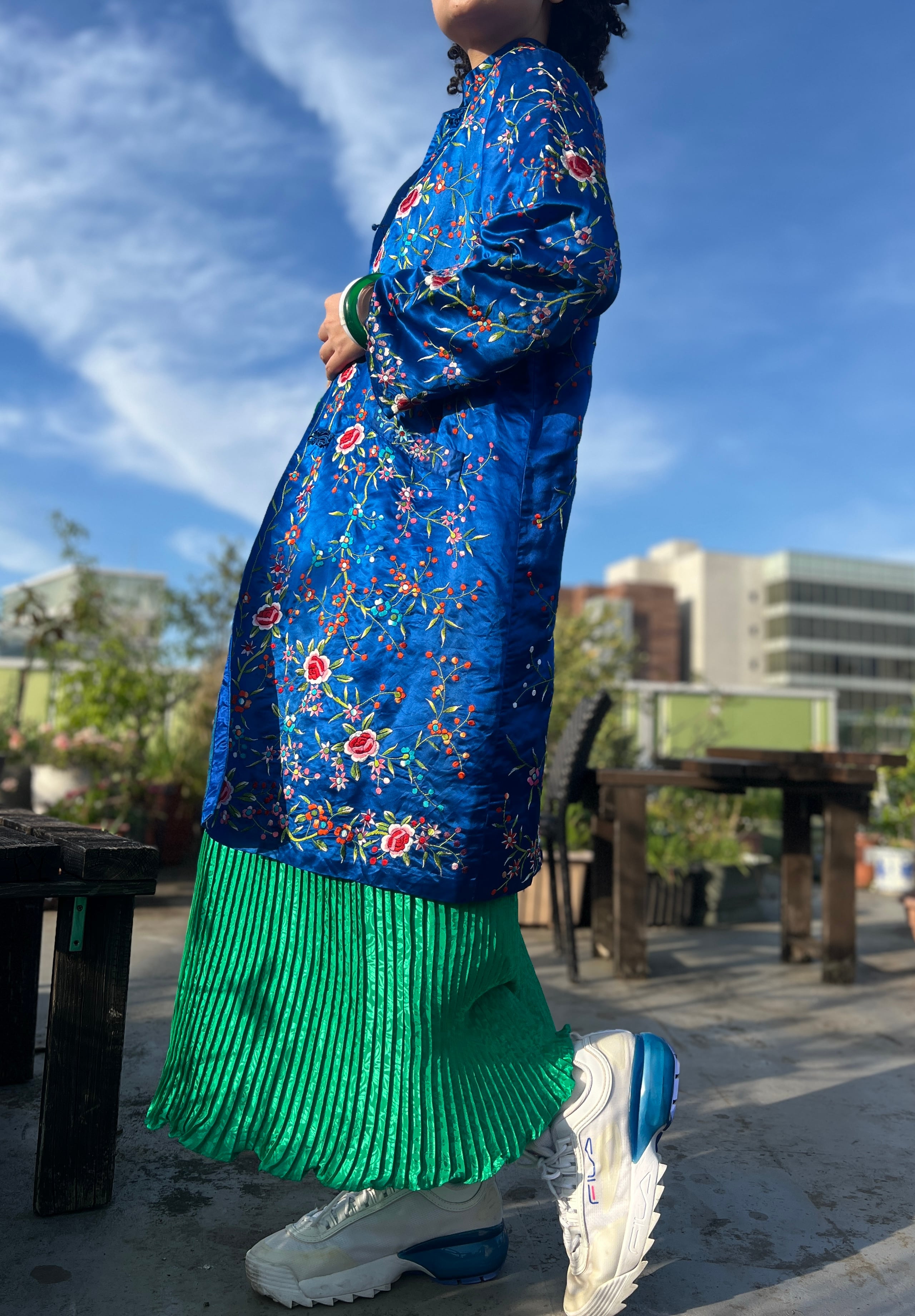80s chinese royal blue × floral embroidery long jacket