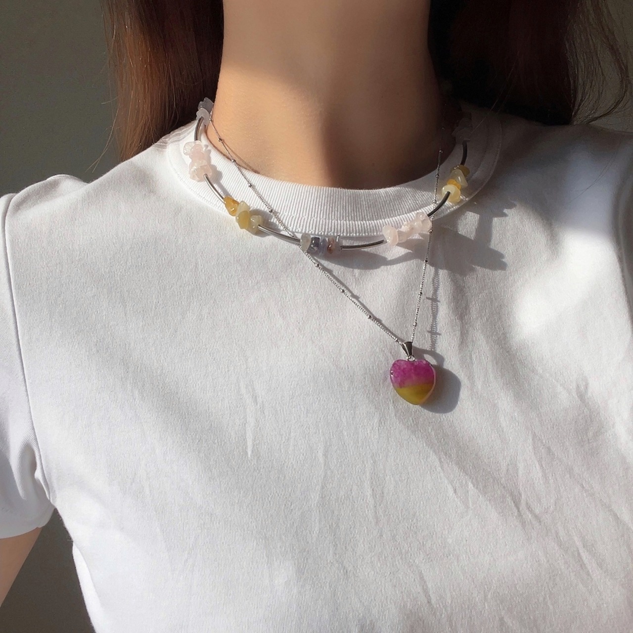 ハート×天然石　2連ネックレス［SSN039］