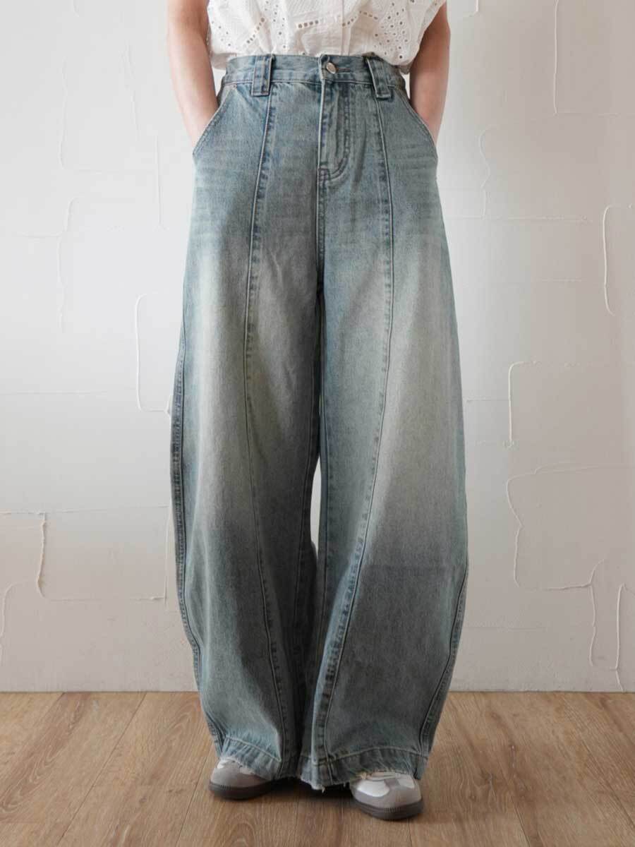 428. LePujuセレクト 切替コクーンワイドデニムパンツ(ブルー) 77636