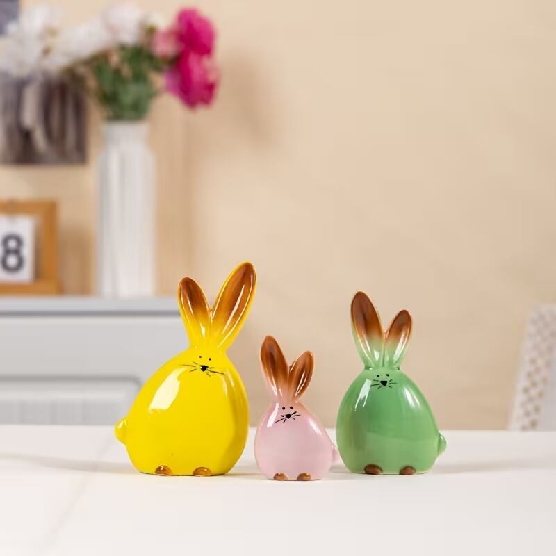 親子うさぎのインテリア　ヴィンテージ風　値段交渉可能✨ インテリア雑貨 うさぎの置物 3点セット 色違い デフォルメ おしゃれ