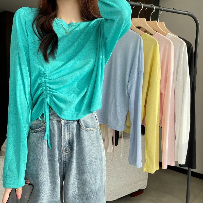 Tシャツ 薄手サマーカジュアルギャザーブラウス ルーズショートトップス ロング 夏物 1号婦人41044700785