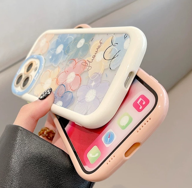 iPhoneケース iPhone14 iPhone13 花柄 水彩 絵の具 フチ太 春 かわいい スマホケース おしゃれ 韓国 2466