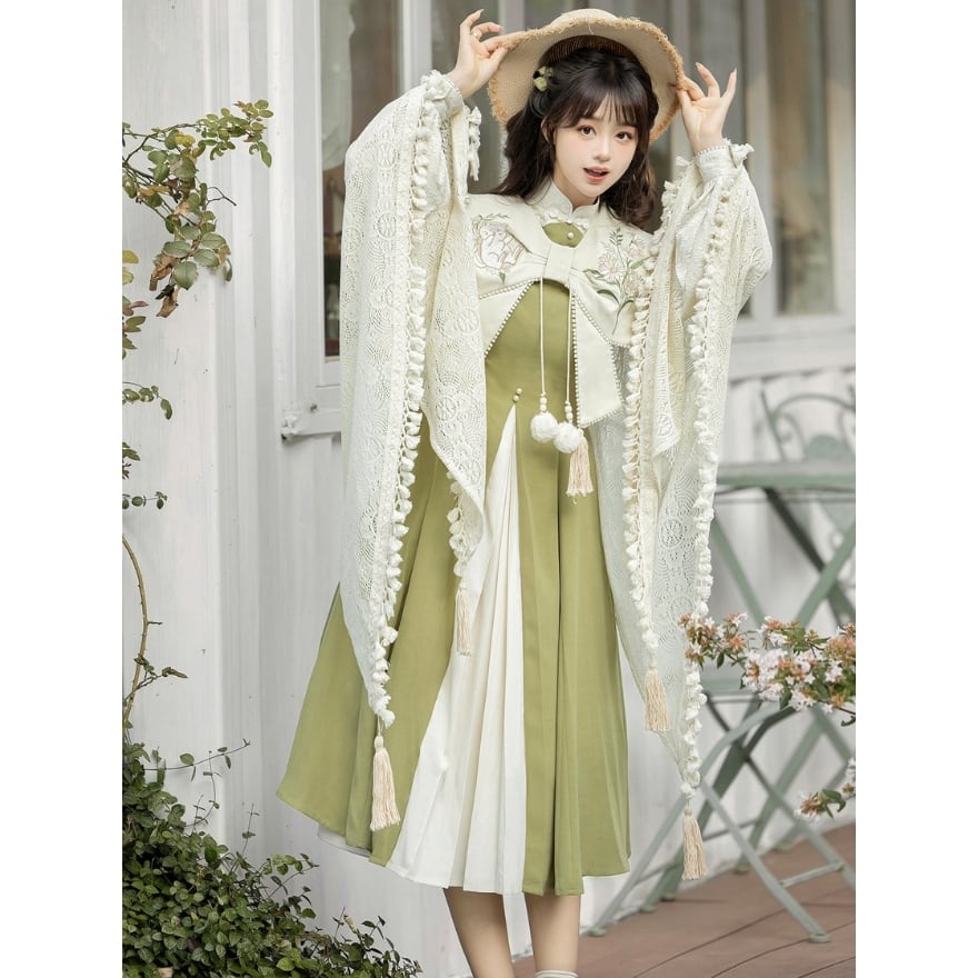 華ロリ】レースケープ+ワンピース 2点セット 抹茶色 カーキ ナチュラル