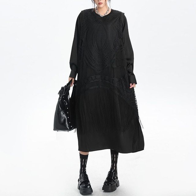 BLACK FAKE-2-PIECE DESIGN LONG SLEEVES MIDI DRESS 1color M-14572