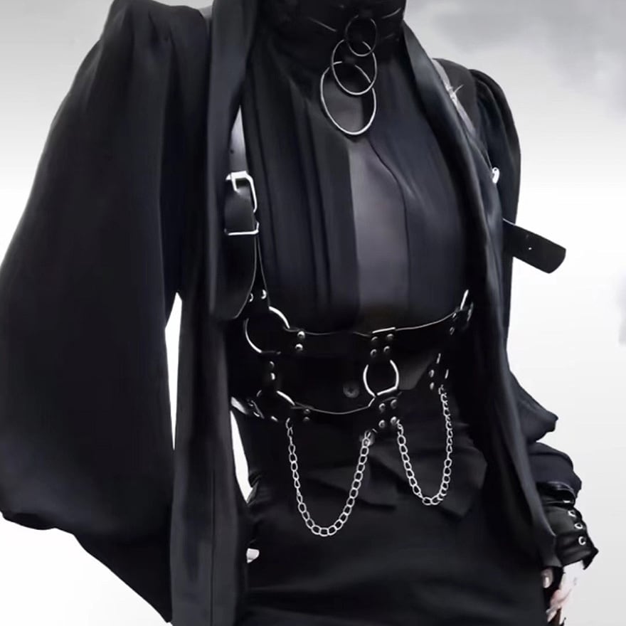 大人ゴシック ハーネスベルト リングチェーン装飾 ブラック｜WithU