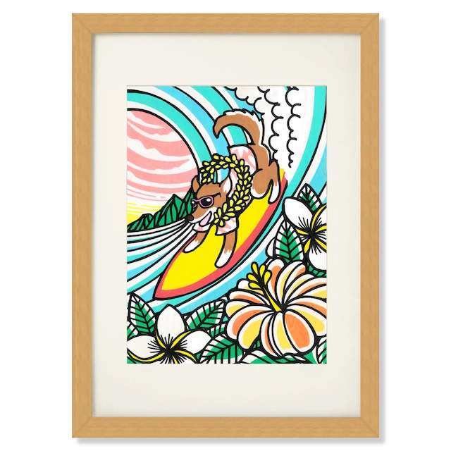 Art Print A4（Surf With Dog）with Frame