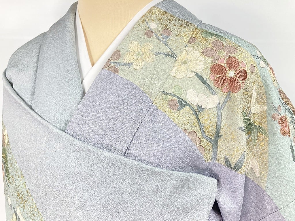 豪華総刺繍 汕頭刺繍 訪問着 染め分け 花柄 正絹 黄緑 ピンク 水色 紫