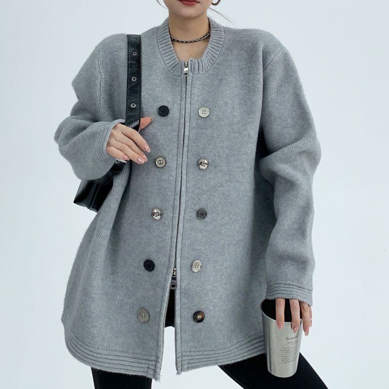 Mix button double zip cardigan 3 colors V1328