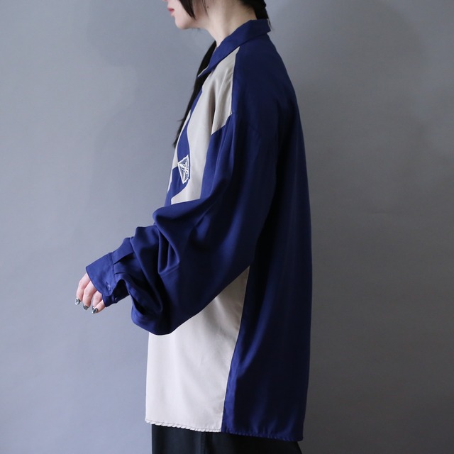 "刺繍" and switching asymmetry design good bi-color over silhouette shirt