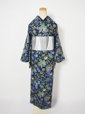 【受注商品】Rumi Rockキモノ「カメレオンの寄り道」黒地に青緑 　[A1719]