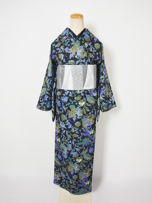 【受注商品】Rumi Rockキモノ「カメレオンの寄り道」黒地に青緑 　[A1719]