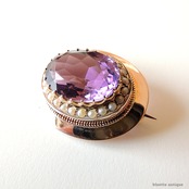 アンティークジュエリー 9ctゴールド 天然アメシスト 真珠 レースピン ブローチ （ソーティングメモ付）