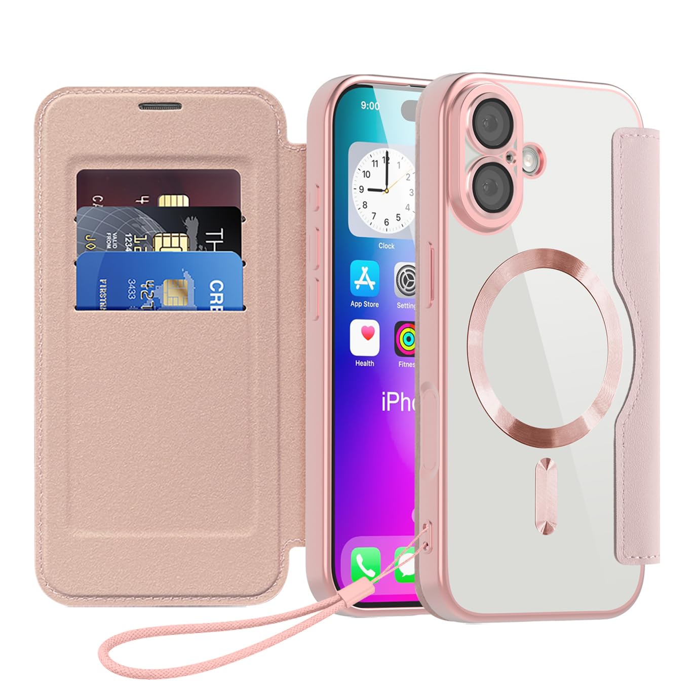 JOMA-E Shop iPhone 17 用の ケース 手帳型 magsafe対応 RFIDブロッキング 背面 透明 クリア 財布型 アイフォン 17 向けの カバー 手帳 ワイヤレス充電対応 カード入れ PU革 レザー スマホケース 軽量 薄型 防塵 耐衝撃 カメラレンズ保護 ストラップ付き ピンク