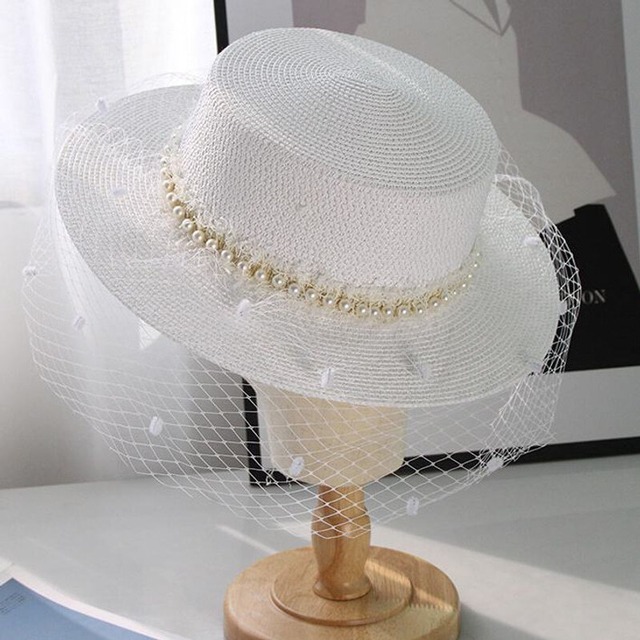 Dot tulle layered straw hat　B4296