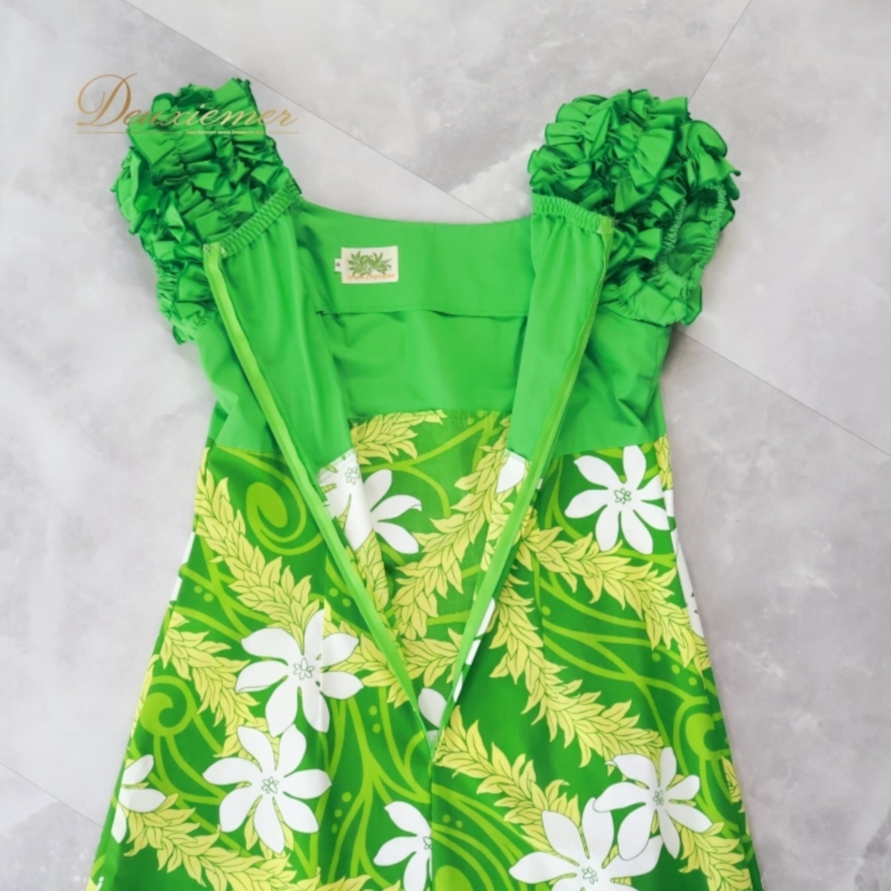 フラダンス 衣装 ワンピース ドレス グリーン系 アロハスタンダード 日本製 ティアレ柄 ALOHA STANDARDS フリル袖 ハワイアンプリント アロハ フラ ダンス レッスン 練習 華やか 鮮やか かわいい おしゃれ ホワイト系 イエロー系 フラダンス衣装 カジュアルウェア かわいいデザイン