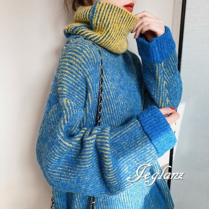 4色 ニット セーター チュニック 配色 ドロップショルダー(MB060)σ,ς*