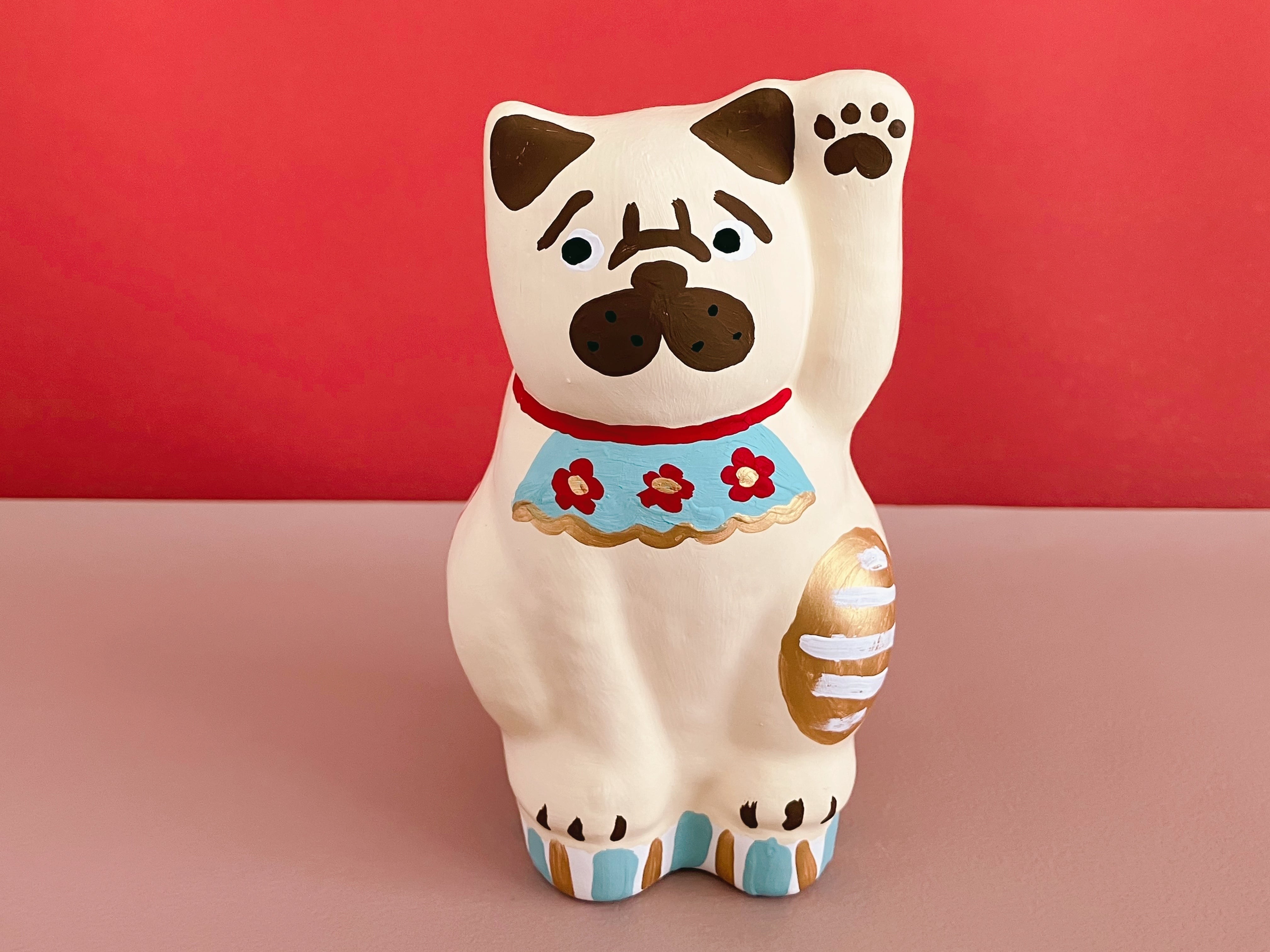 招きパグ「水色波襟」【すぐ発送or予約生産】