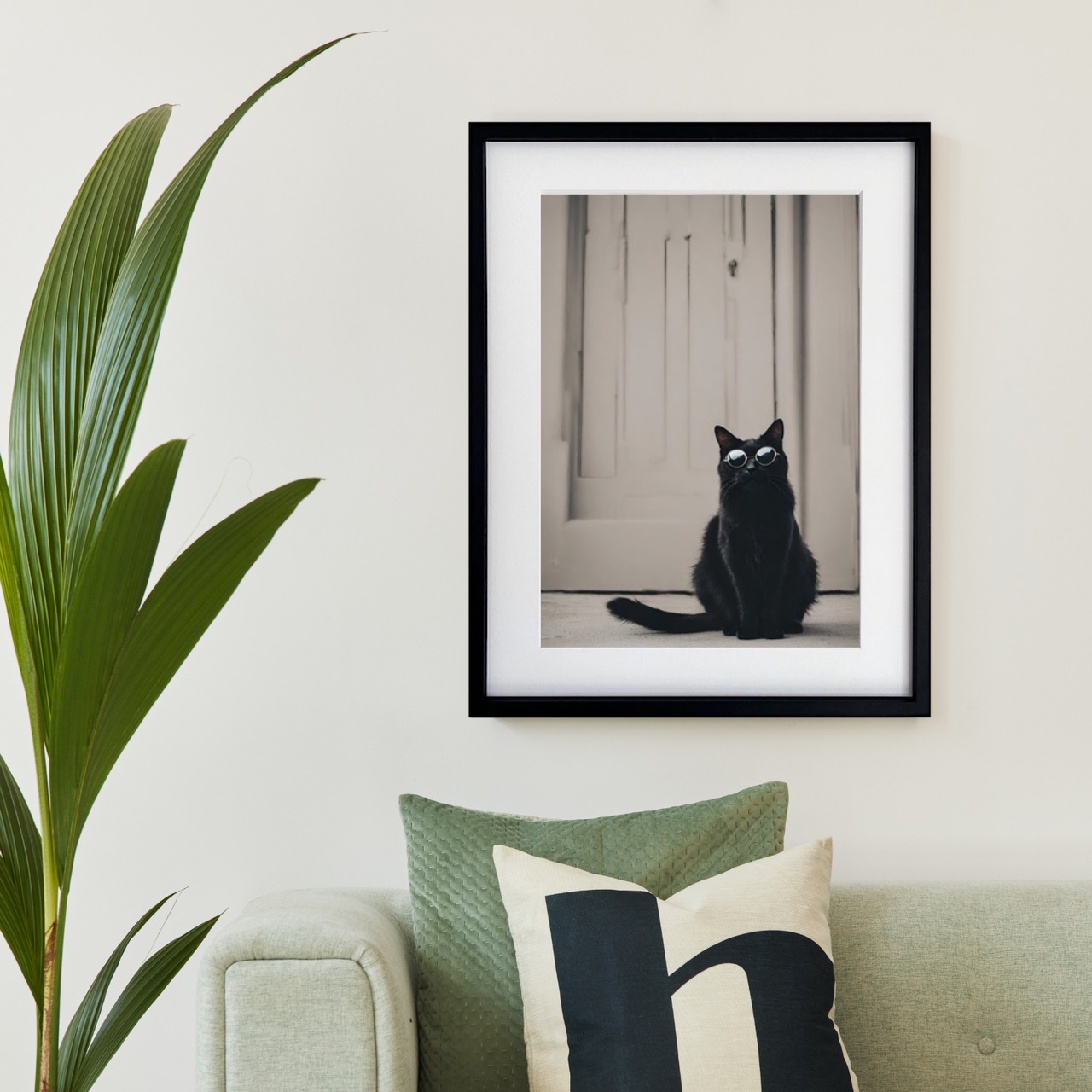 Black Cat｜サングラスをかけた黒猫のアートポスター｜モノトーンやポップインテリアに合うモダンデザイン｜額縁セット｜A4ポスター