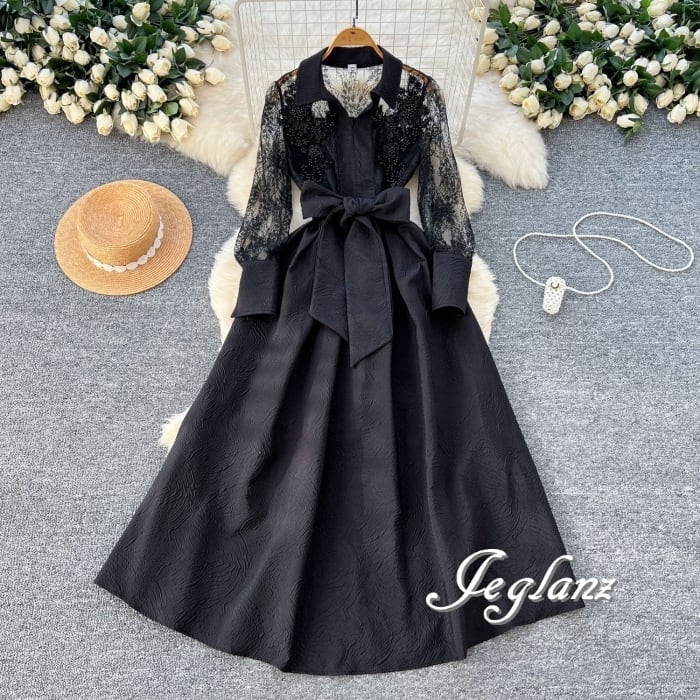 2色 刺繍 レース スキッパー ワンピース 共ベルト パール(MB474)ζ☆