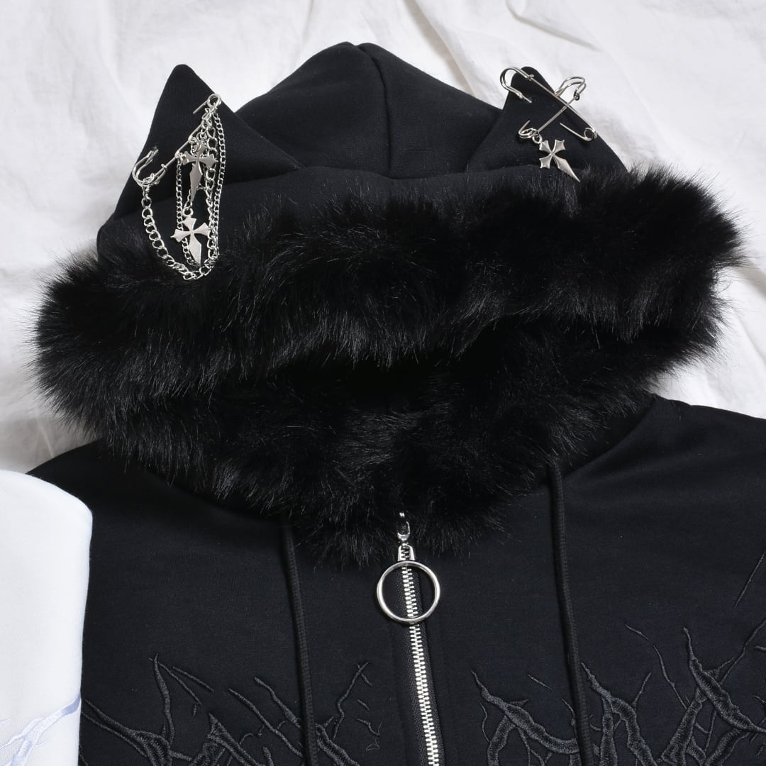 12/15新着】サブカル刺繍☆ネコ耳フードファーZIPパーカー(裏起毛