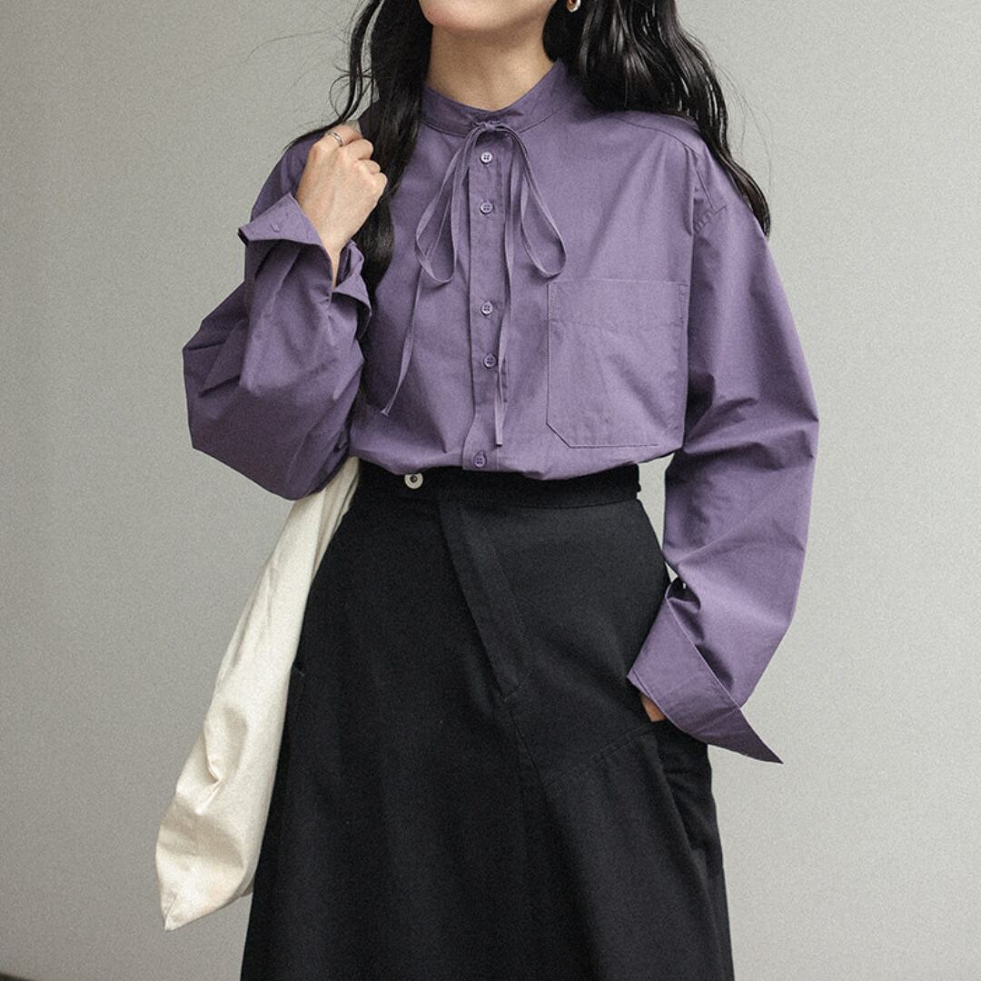 ribbon neck cotton shirt