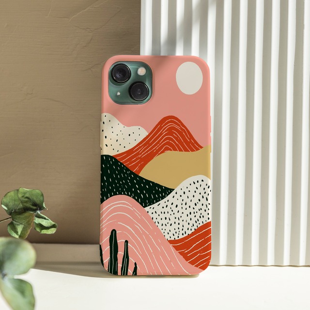 受注生産 iPhoneケース ピンク背景の山とドット抽象｜レトロウェーブ CURV015C