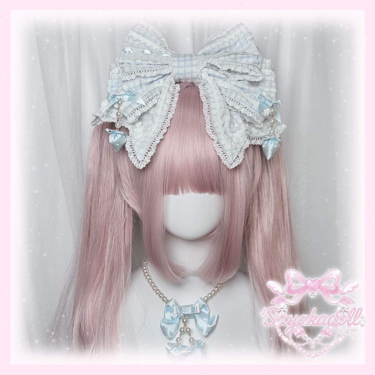 ♡【全4色】MAID Strawberry ギンガムチェック ドット柄リボンフリルカチューシャ black ♡