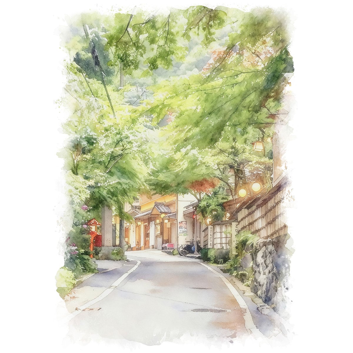 絵画 風景画 日本 京都府 貴船神社へ向かう参道 インテリアアート額付き 水彩画風 WAT1683