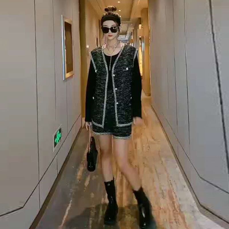 2020年秋に着るやや太った新しいプラスサイズの女性の太った姉妹の洋風チョッキショーツスリーピーススーツ ミックスインファッション30352111945