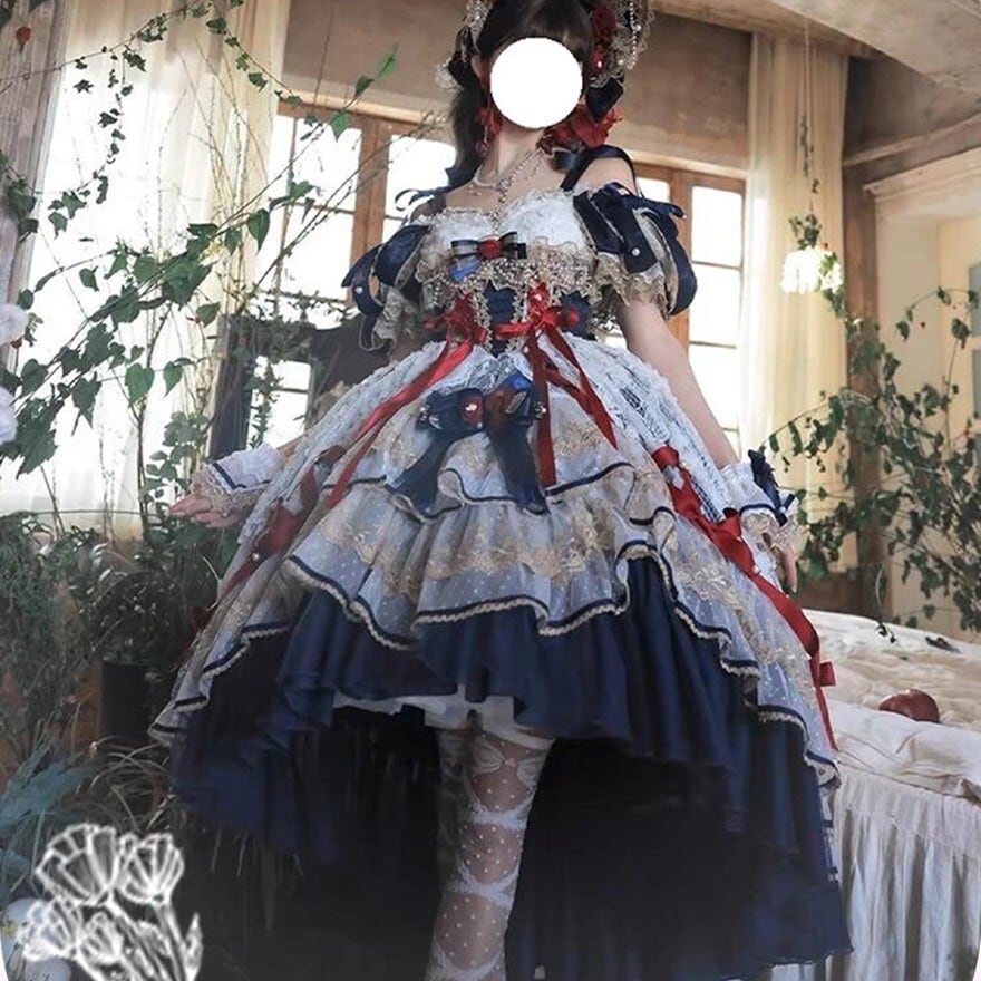 ゴシックロリィタ ドレス ネイビー×レッド リボン装飾 フリル 撮影会向け|WithU