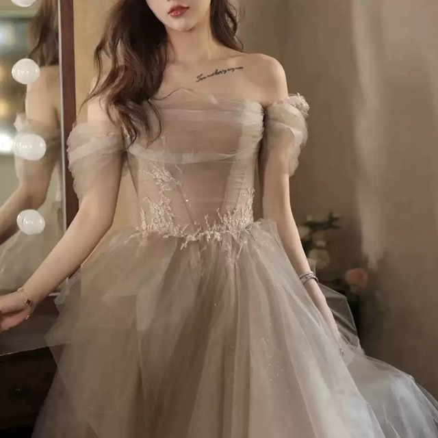 オフショルダー刺繍Aラインチュールドレス  CL0112