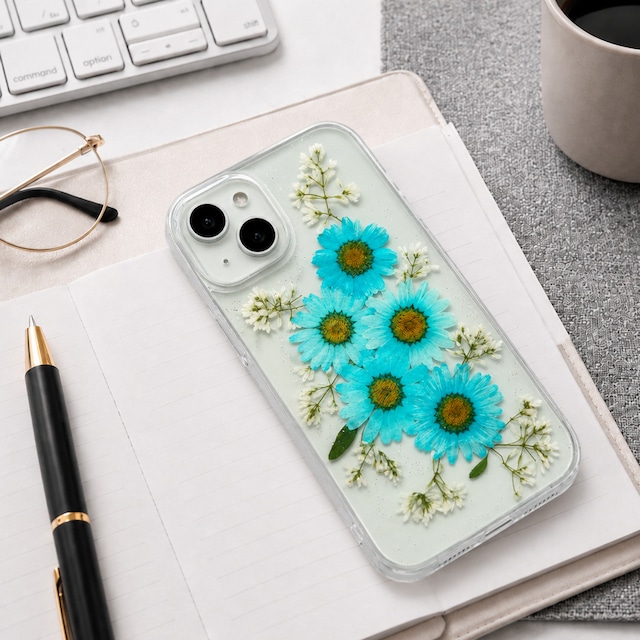 【ほぼ全機種対応スマホケース】押し花スマホケース NO.514(ブルー）  押し花＆レジン iPhone/Xperia/AQUOS/Galaxy