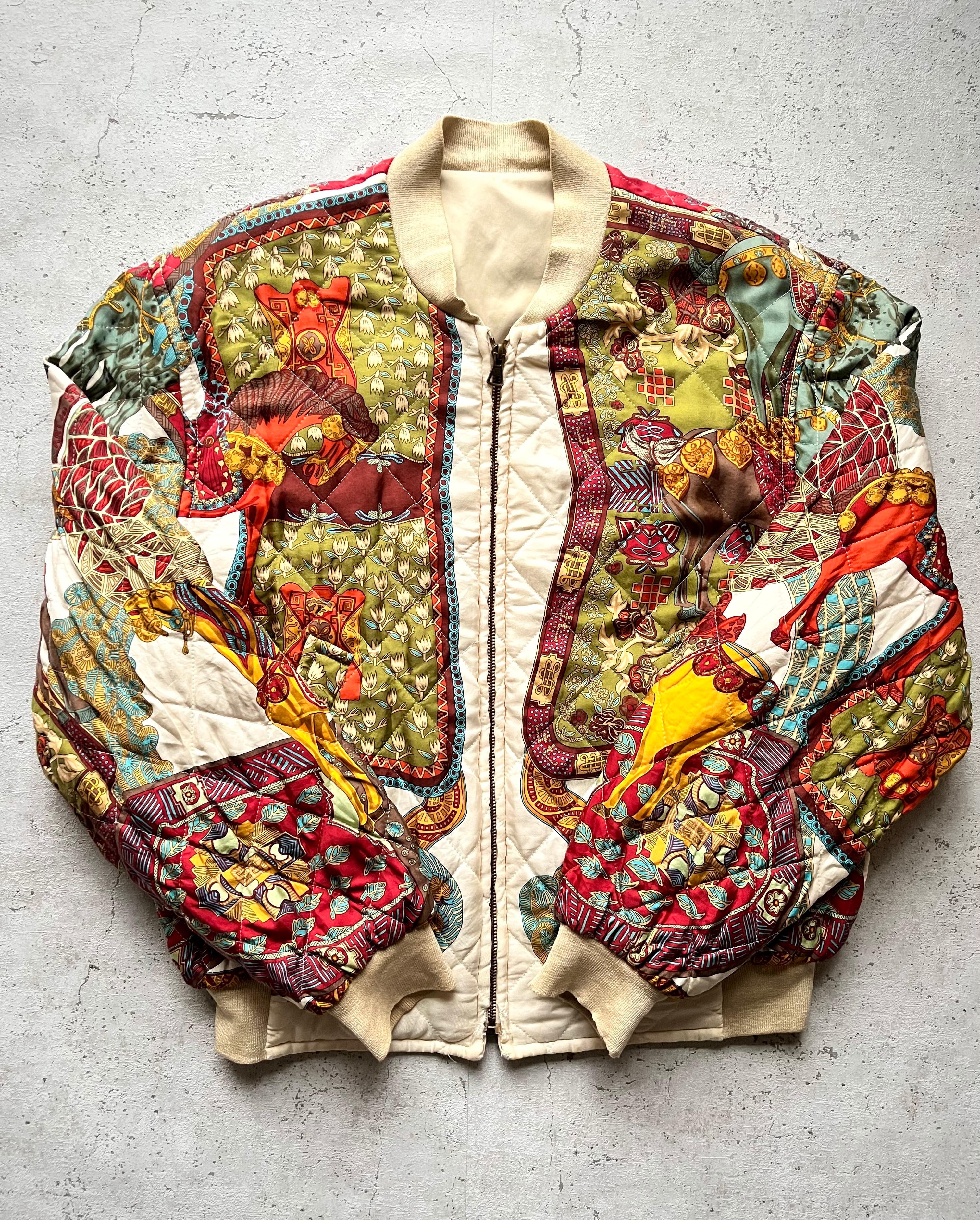 90s MADE IN FRANCE HERMES ART des STEPPES SILK BOMBER JACKET 90s MADE IN FRANCE HERMES ART des STEPPES SILK BOMBER JACKET