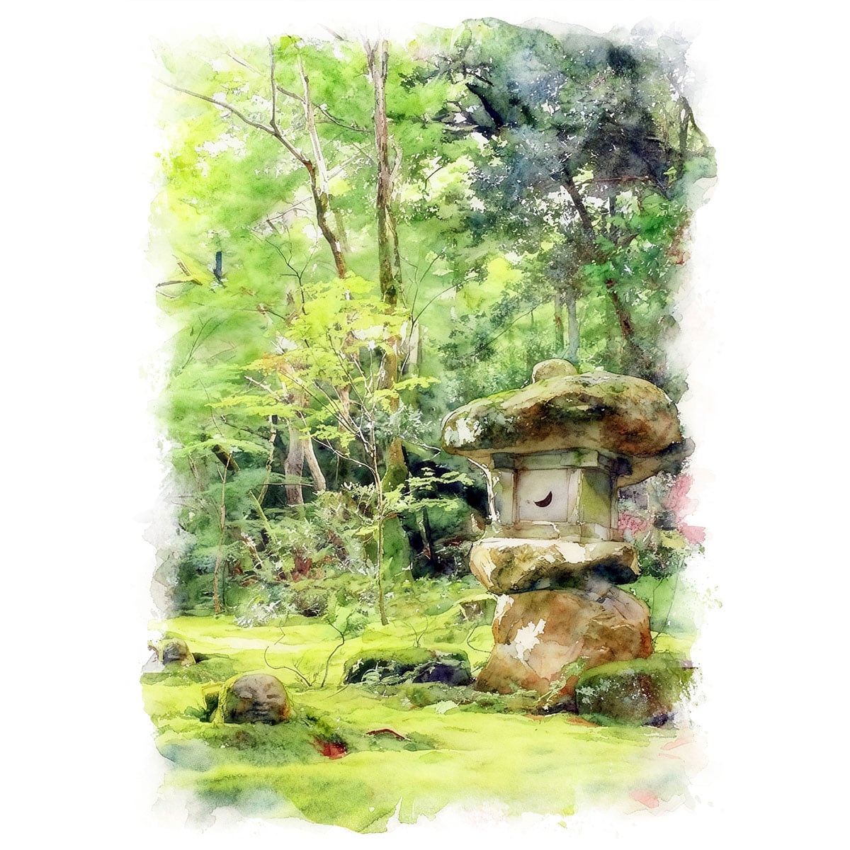 絵画(風景画) 日本 京都 三千院の苔庭 インテリアアート額付き 水彩画・油絵風 WAT0809