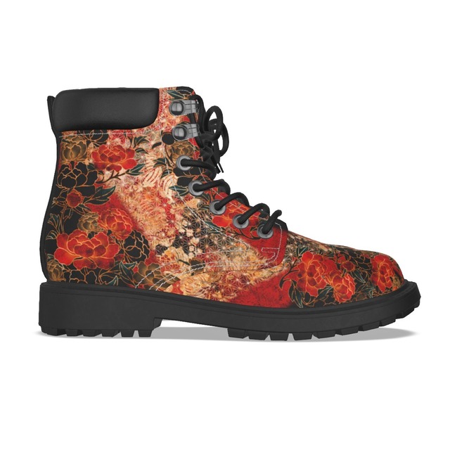 和牡丹紋様装飾　黒紅　和柄ユニセックスヴィーガンレザーブーツ