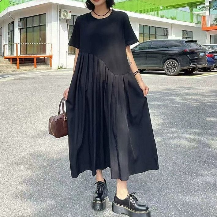 SOLID STITCH PLEATED A-LINE LONG T-SHIRT DRESS 2colors M-14044