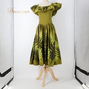フラダンス 衣装 CC Fashions CCファッション ワンピース ドレス グリーン系 カーキ系 ラウアエ柄 緑 黒 フリル フラ ダンス ダンス衣装 イベント ステージ ハワイアン アロハ かわいい 華やか おしゃれ ブラック系