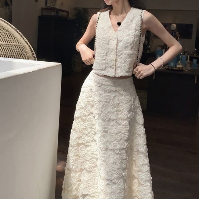 フラワーレース ノースリーブ×ロングスカート セットアップ 3412910