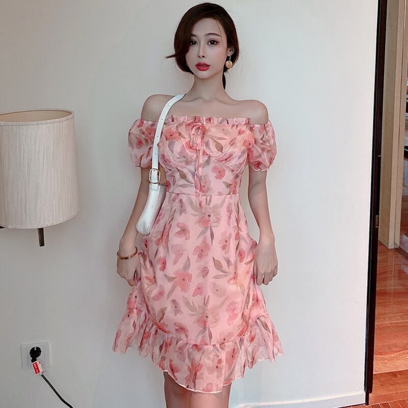 スタンダードサマーシフォンフローラルスリーブ薄手ラッフルドレス レトロ 夏物 花柄 ハンチェンe56820697080