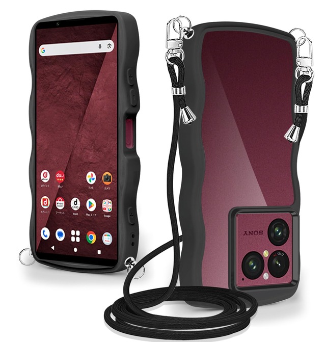 Xperia 1 VIII ケース クリア ショルダー 耐衝撃 かわいい 人気 SO-51G SOG17 カバー 透明 エクスペリア 1 VIII スマホケース 薄型 軽量 首かけ 肩掛け 縄掛けケース ストラップ付き 取り外し可能 長さ調整可能(ブラック)