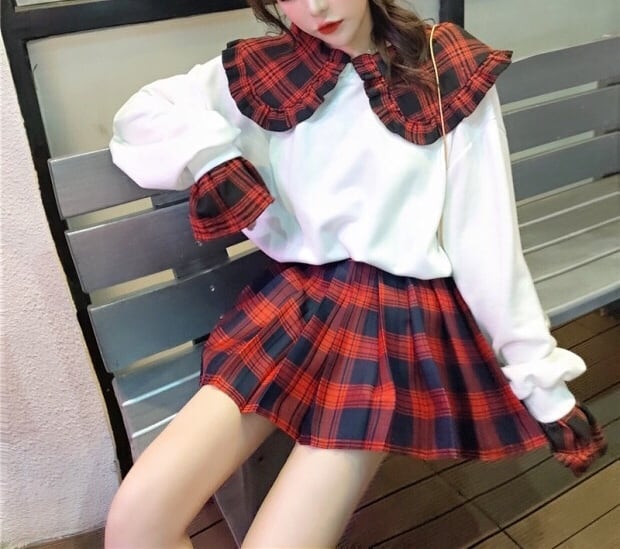 2カラー】【セットアップ】プリーツスカート ブラウス 丸襟 ミニスカ