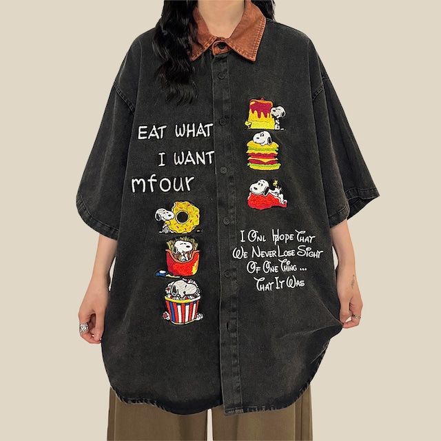 UATONLINEカートゥーンドッグ刺繍デニム半袖シャツ