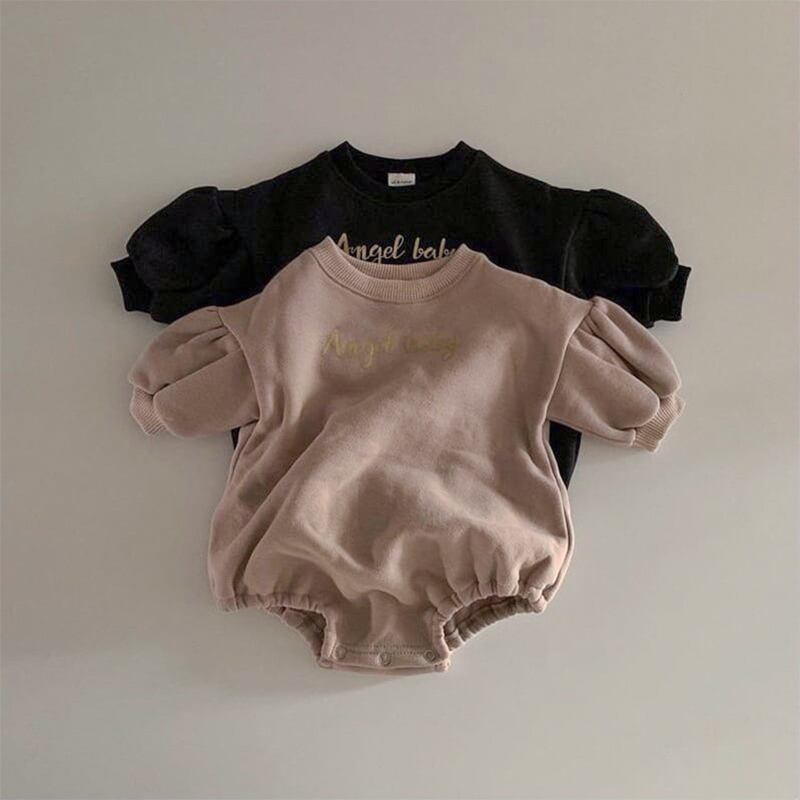 【BABY】ウォーム英字柄パフスリーブ裏起毛長袖ロンパース 全2色