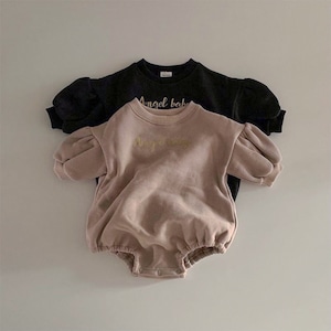 【BABY】ウォーム英字柄パフスリーブ裏起毛長袖ロンパース 全2色