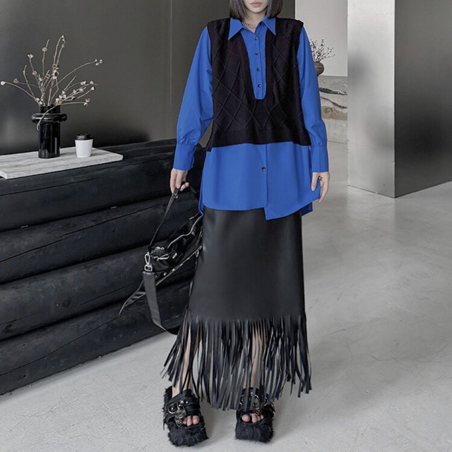 Tassel leather mid-length skirt C0499