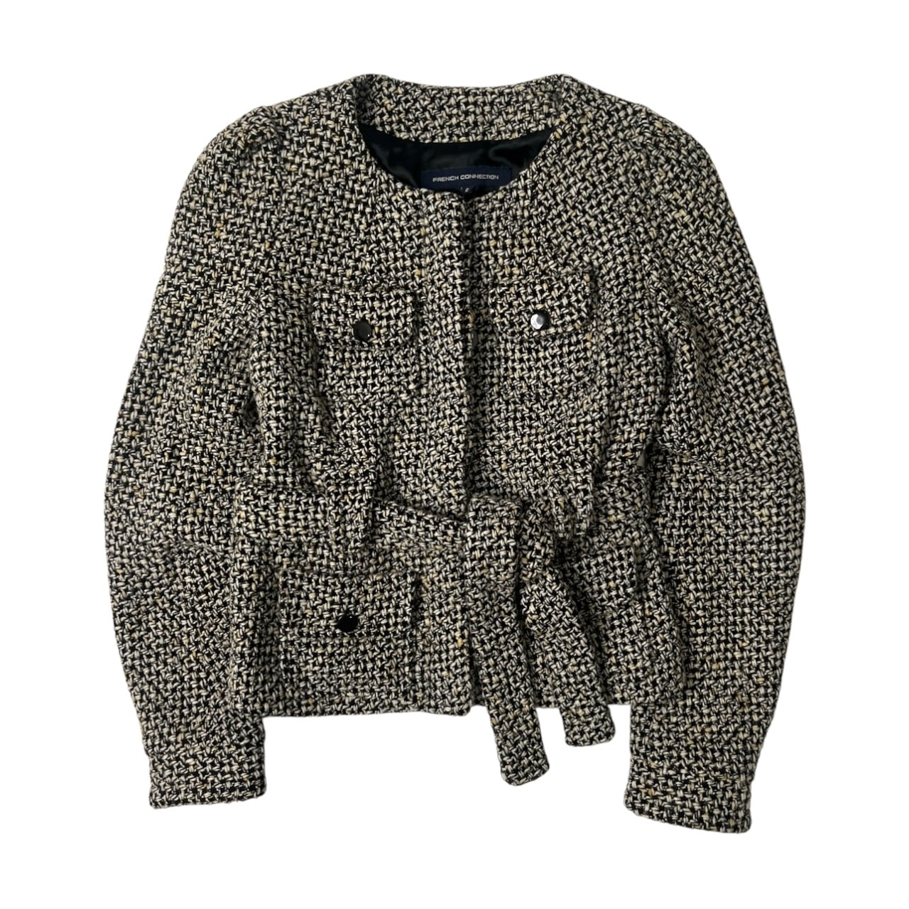 FRENCH CONNECTION ツイード 4ポケ ノーカラージャケット 6/ウエストベルト付き/ポーランド製